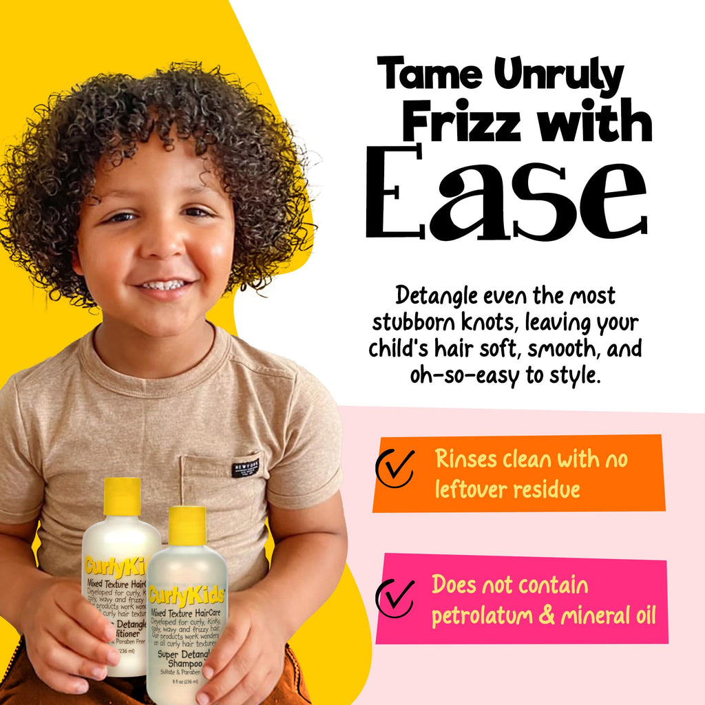 CurlyKids Textured Hair Care Set — Detangler Spray, Shampoo, Conditioner & Leave-In Creme (Sulfate & Paraben-Free)