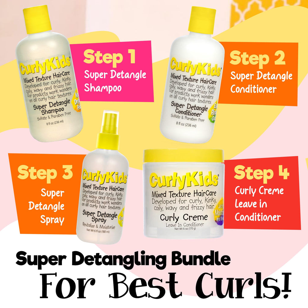 CurlyKids Textured Hair Care Set — Detangler Spray, Shampoo, Conditioner & Leave-In Creme (Sulfate & Paraben-Free)