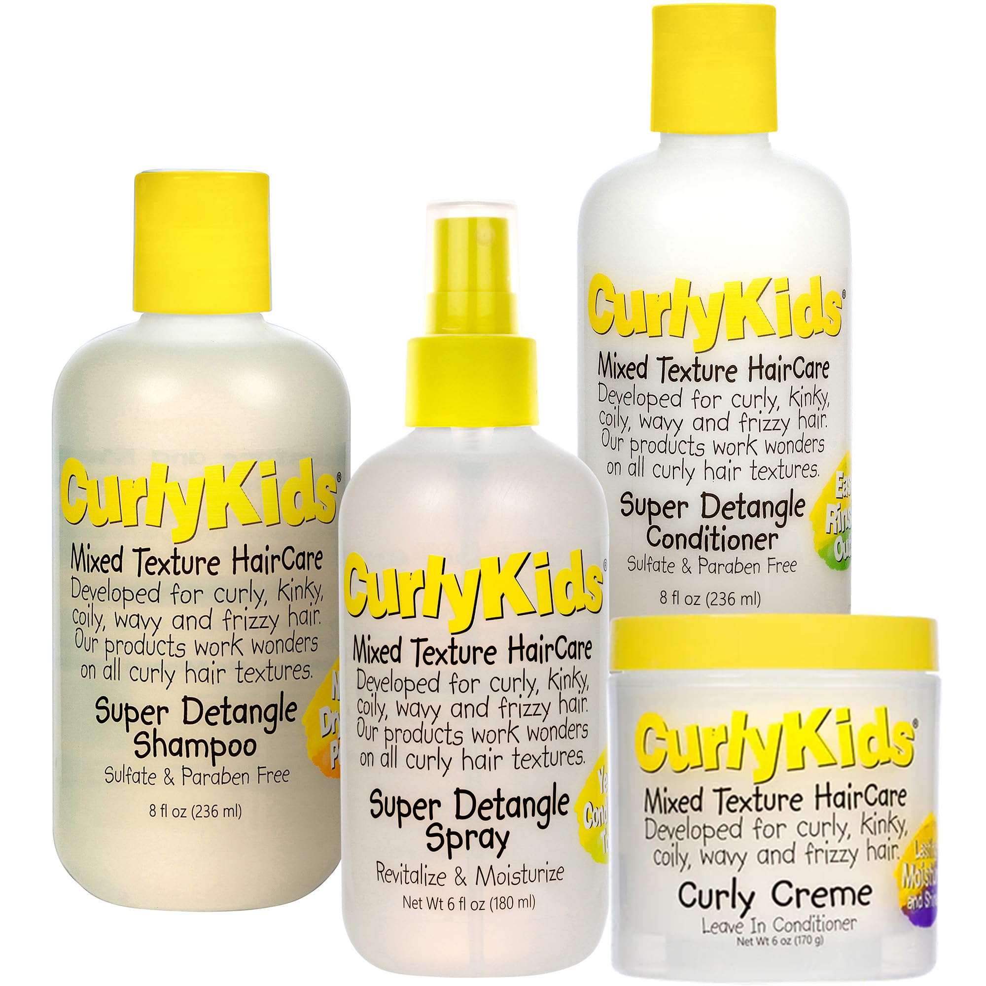 CurlyKids Textured Hair Care Set — Detangler Spray, Shampoo, Conditioner & Leave-In Creme (Sulfate & Paraben-Free)
