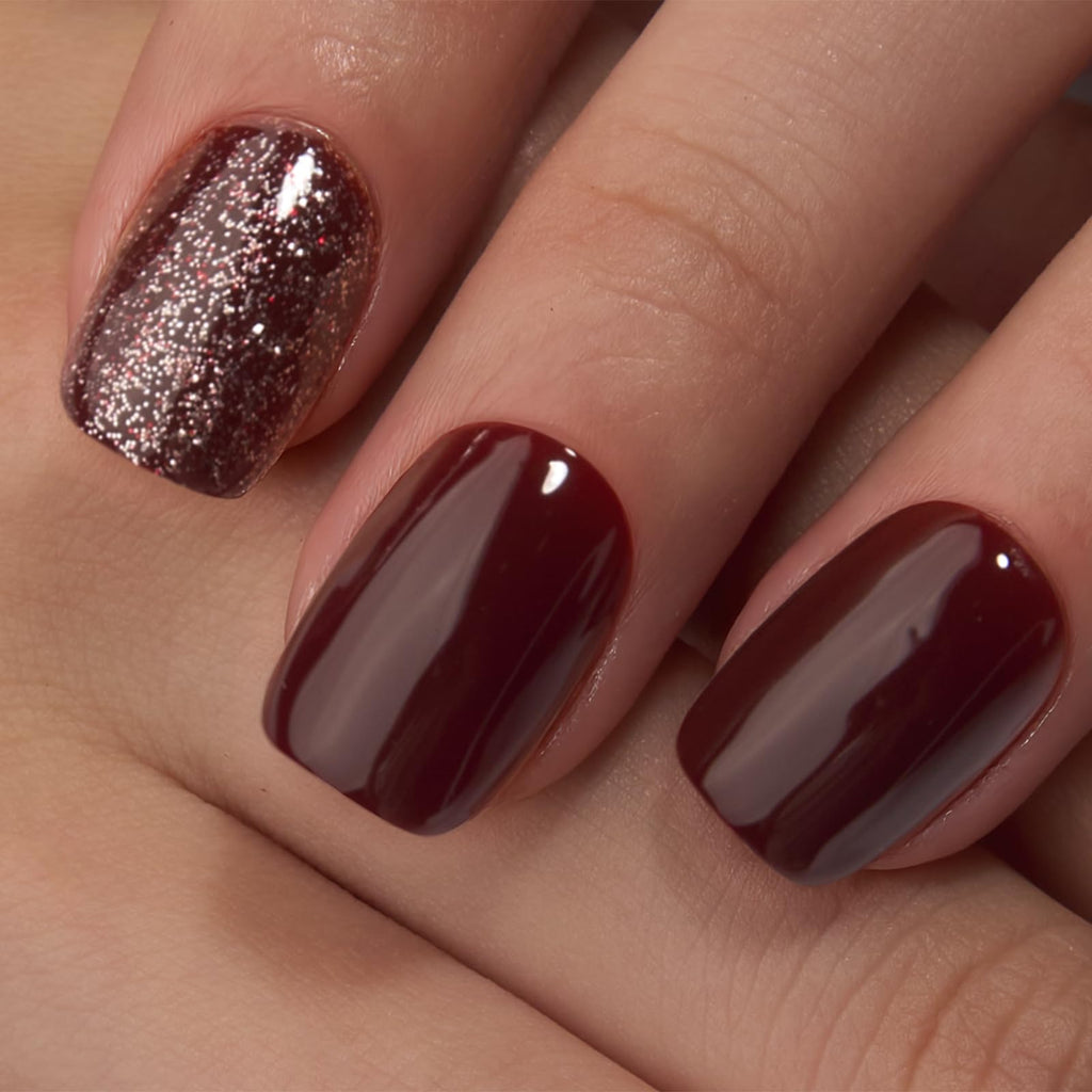 Curvlife 30pcs Press-On Nails – Short Square Wine Red Glitter Apricot Design
