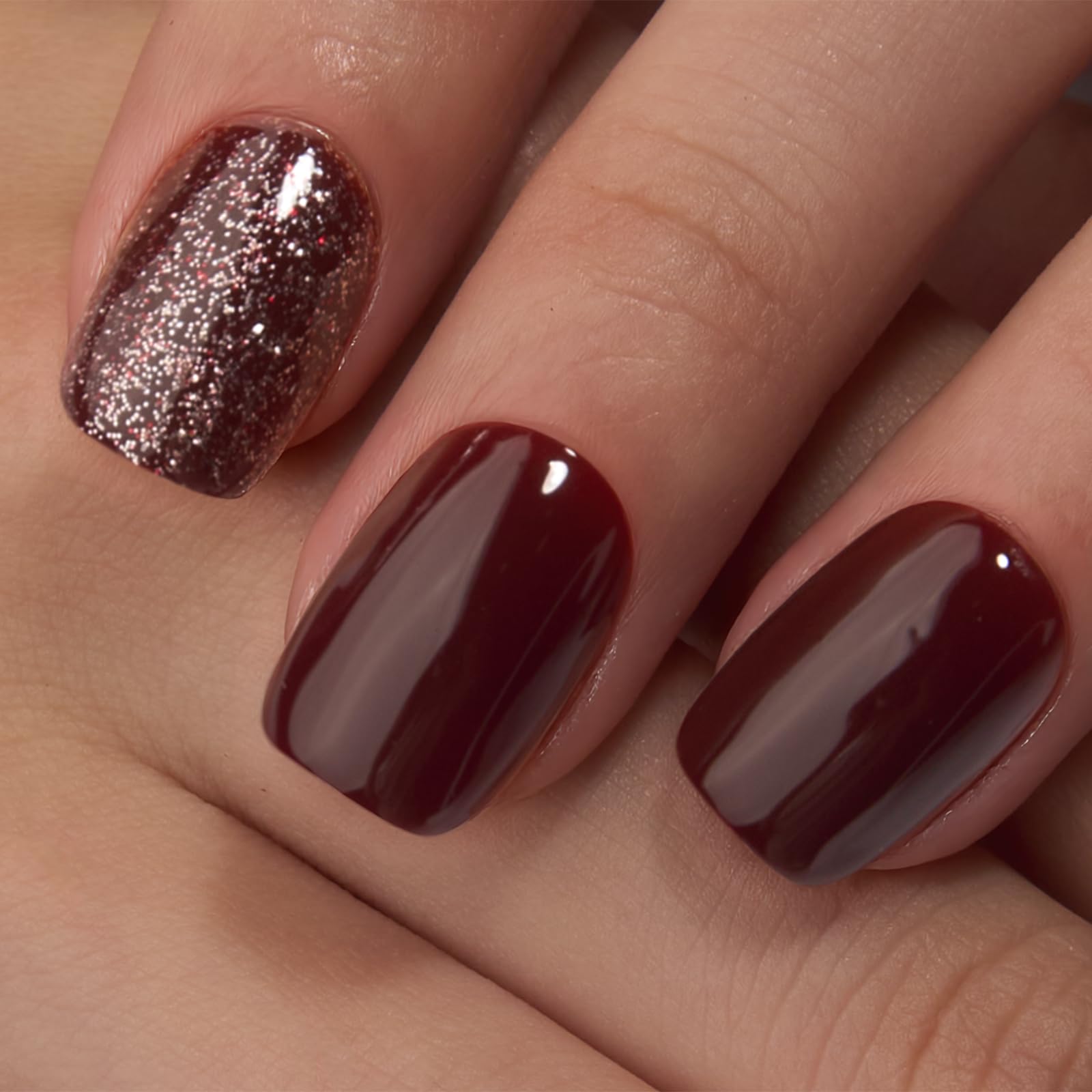 Curvlife 30pcs Press-On Nails – Short Square Wine Red Glitter Apricot Design