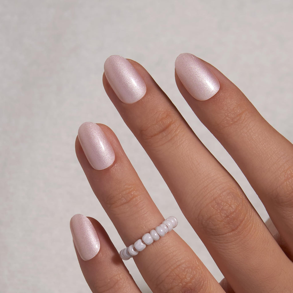 Curvlife Short Oval Press On Nails – Moonlight Pearly Shimmer Gel Finish, 30-Piece Nail Kit