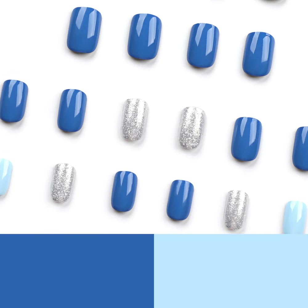 CurvLife Soft Gel Press-On Nails 30pcs – Full Cover French Tip Nail Kit with Glue, Tabs & File (Ocean Blue)