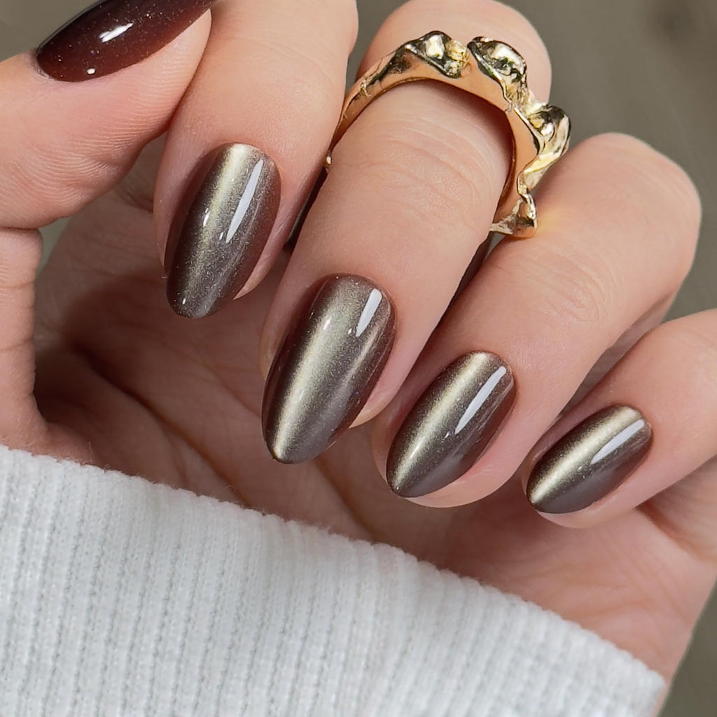 CurvLife Press On Nails Medium Almond – Bronze MoCa Cat Eye Gel Nails with Adhesive Tabs