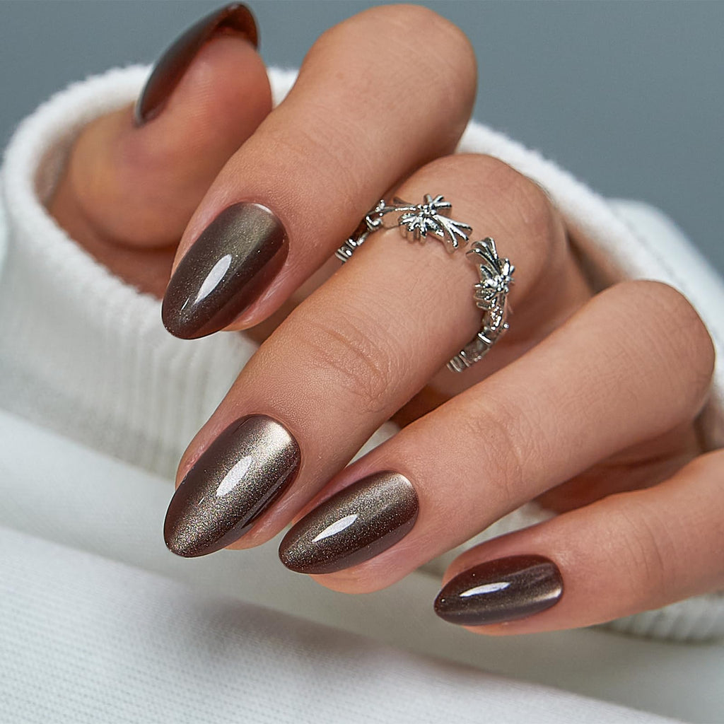 CurvLife Press On Nails Medium Almond – Bronze MoCa Cat Eye Gel Nails with Adhesive Tabs