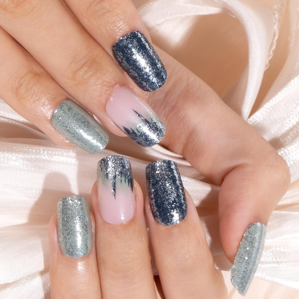 Curvlife Press-On Nails – Gel French Tip Full Cover Nail Kit in Cement Gray Gren, with Glue, Tabs & File | 30pcs