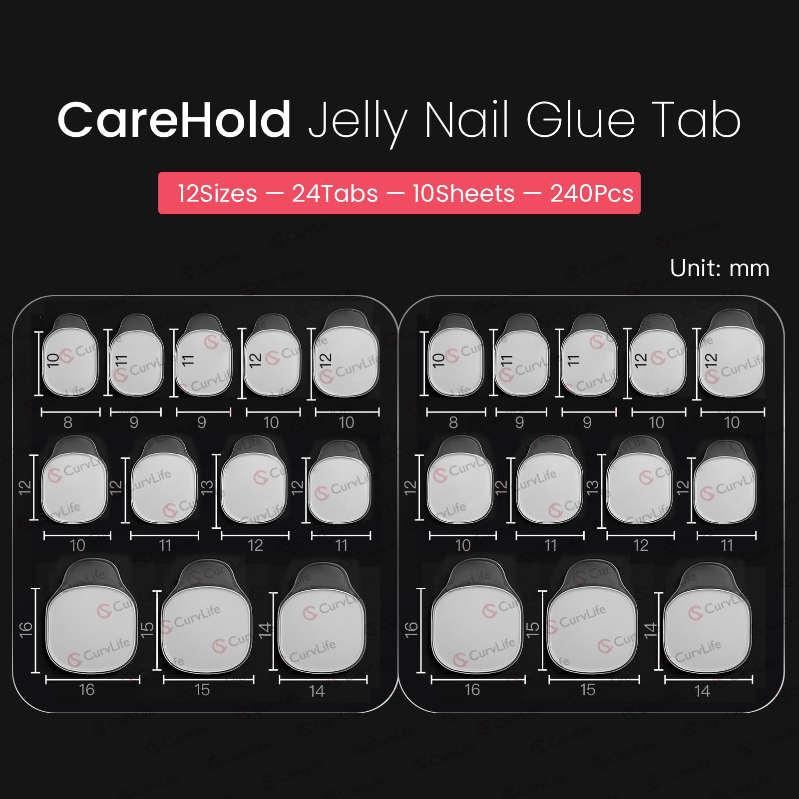 Curvlife CareHold Nail Adhesive Tabs – 0.3mm Ultra Thin, 20 Sheets, 12 Sizes, Waterproof & Gentle Removal