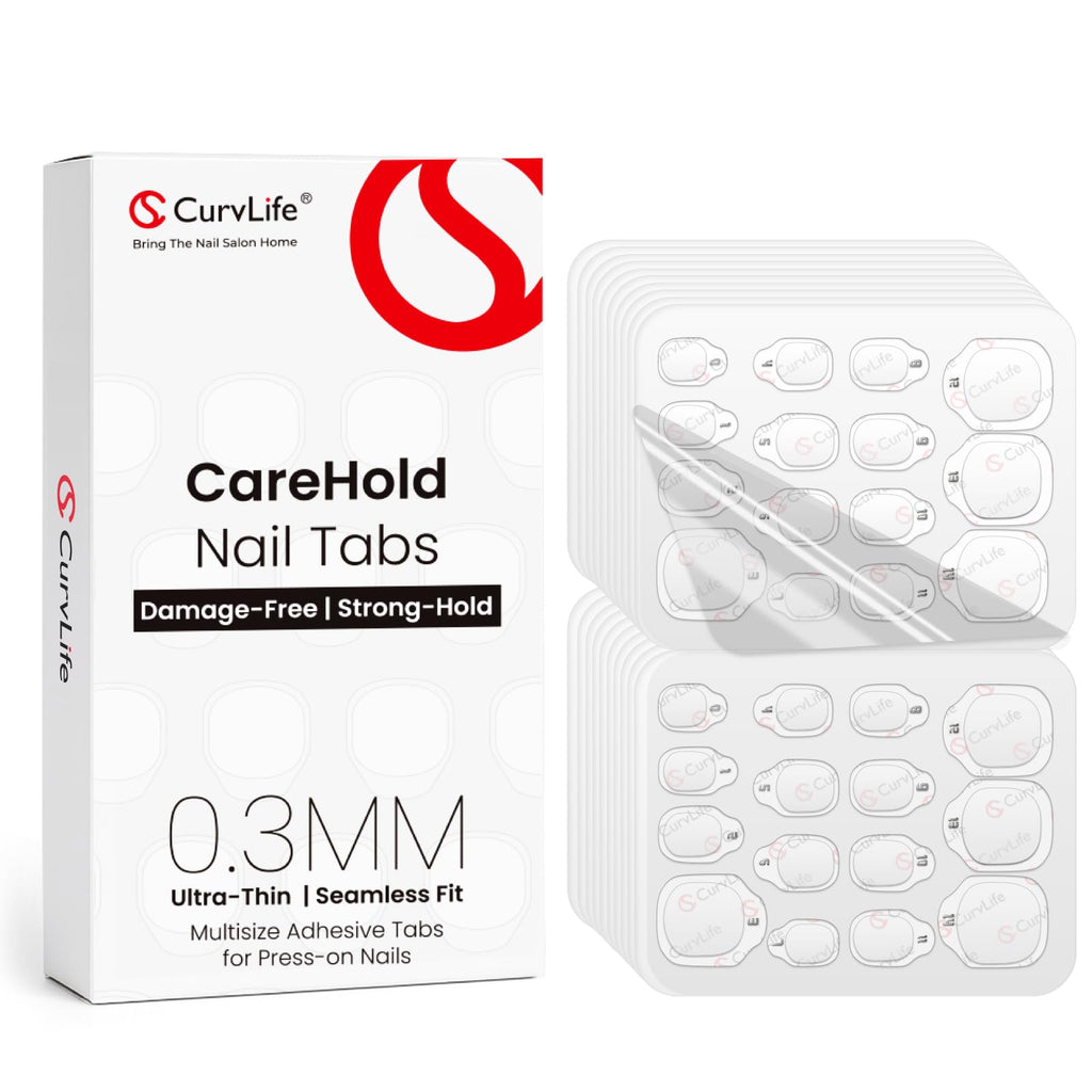 CurvLife CareHold Pro Nail Adhesive Tabs – Extra Wide 0.3mm Ultra Thin, 10 Sheets, 15 Sizes, Clear