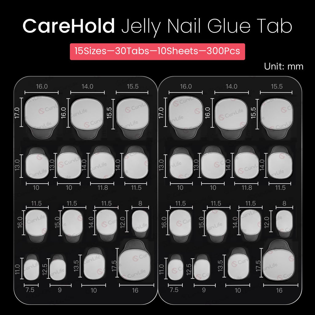 CurvLife CareHold Pro Nail Adhesive Tabs – Extra Wide 0.3mm Ultra Thin, 10 Sheets, 15 Sizes, Clear