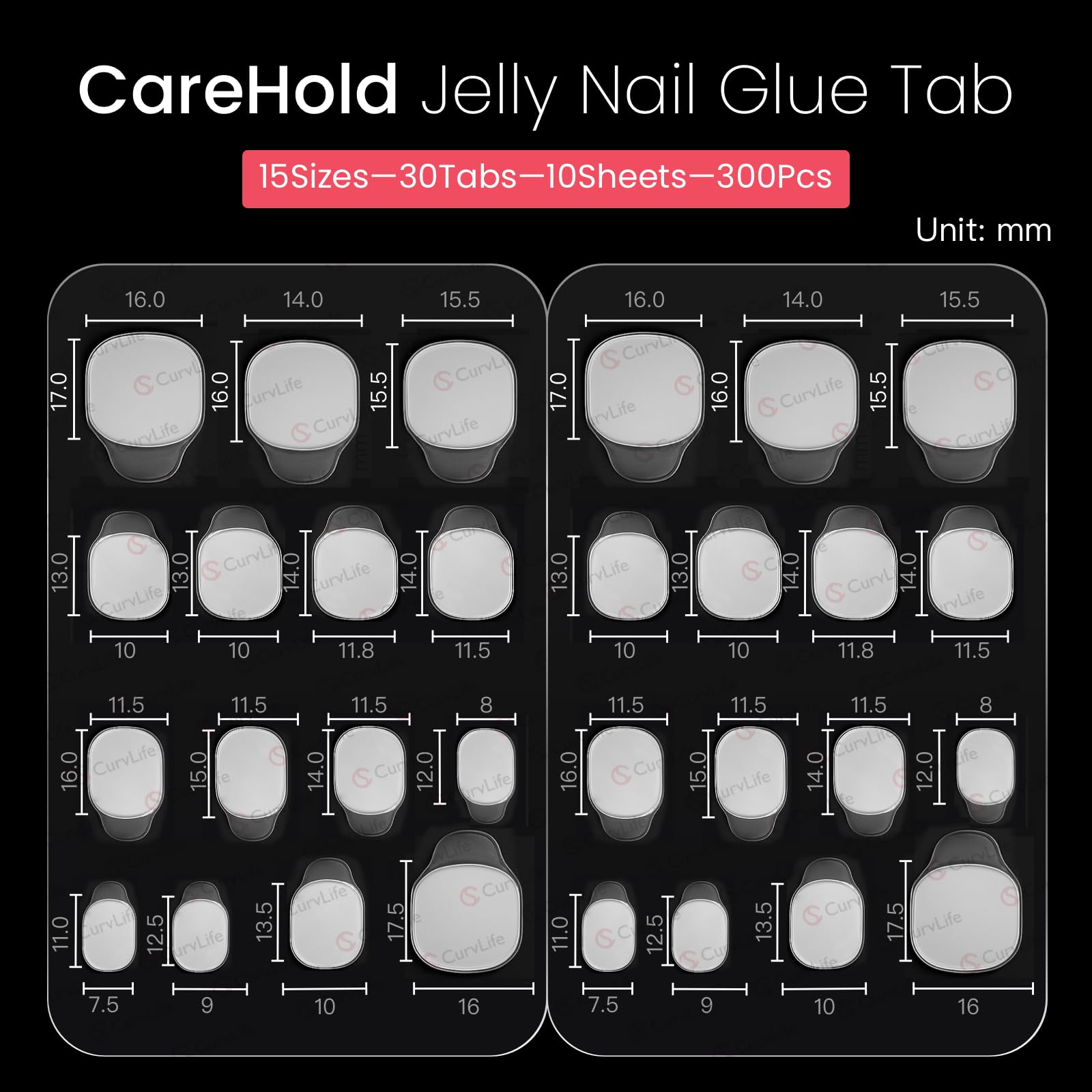 CurvLife CareHold Pro Nail Adhesive Tabs – Extra Wide 0.3mm Ultra Thin, 10 Sheets, 15 Sizes, Clear