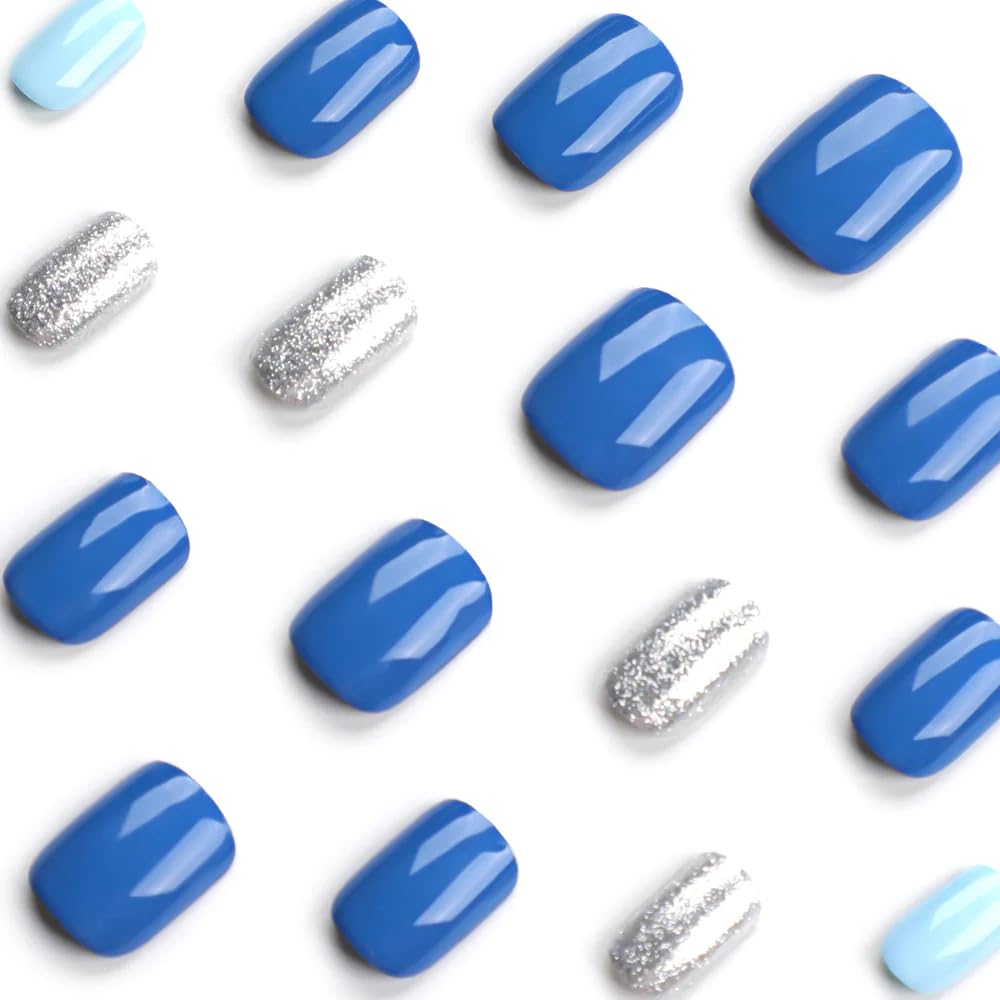 CurvLife Soft Gel Press-On Nails 30pcs – Full Cover French Tip Nail Kit with Glue, Tabs & File (Ocean Blue)