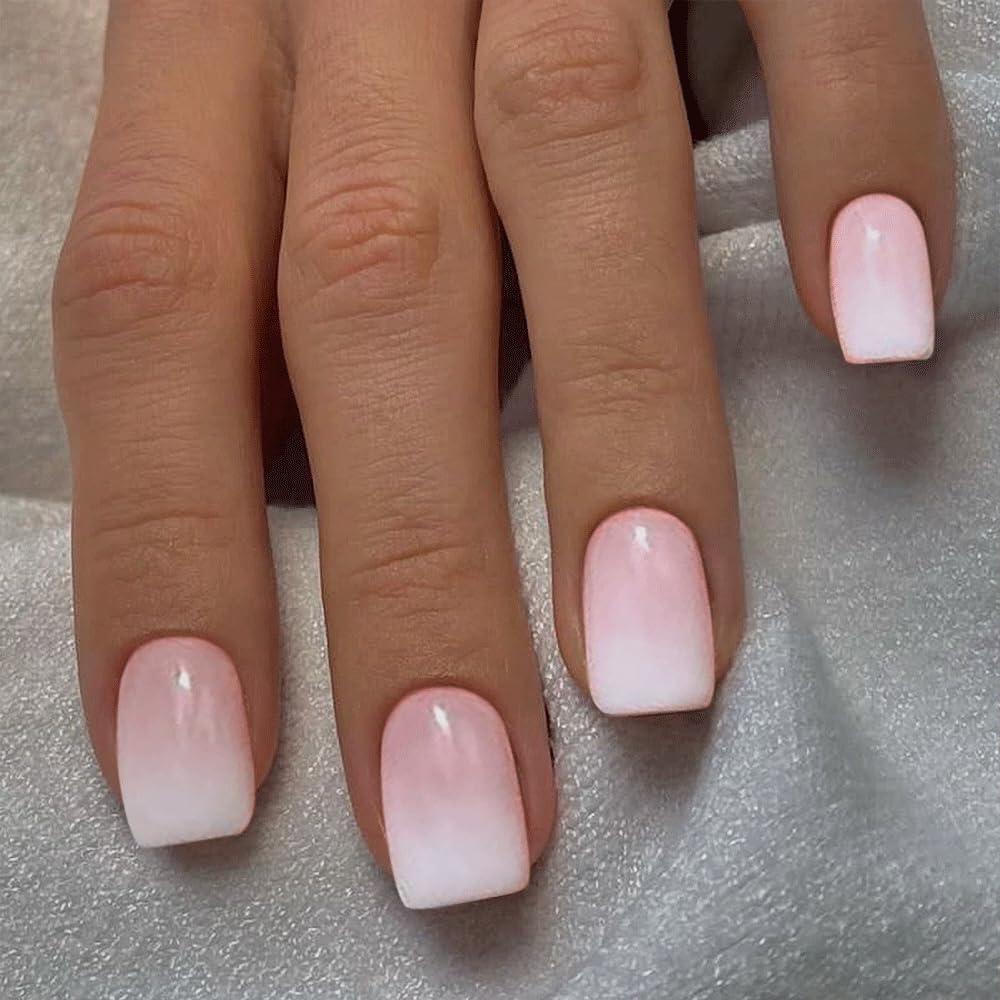 CurvLife Short Square Press-On Nails – Beige, White & Pink Apricot Design | Glossy Nude Full Cover Nails