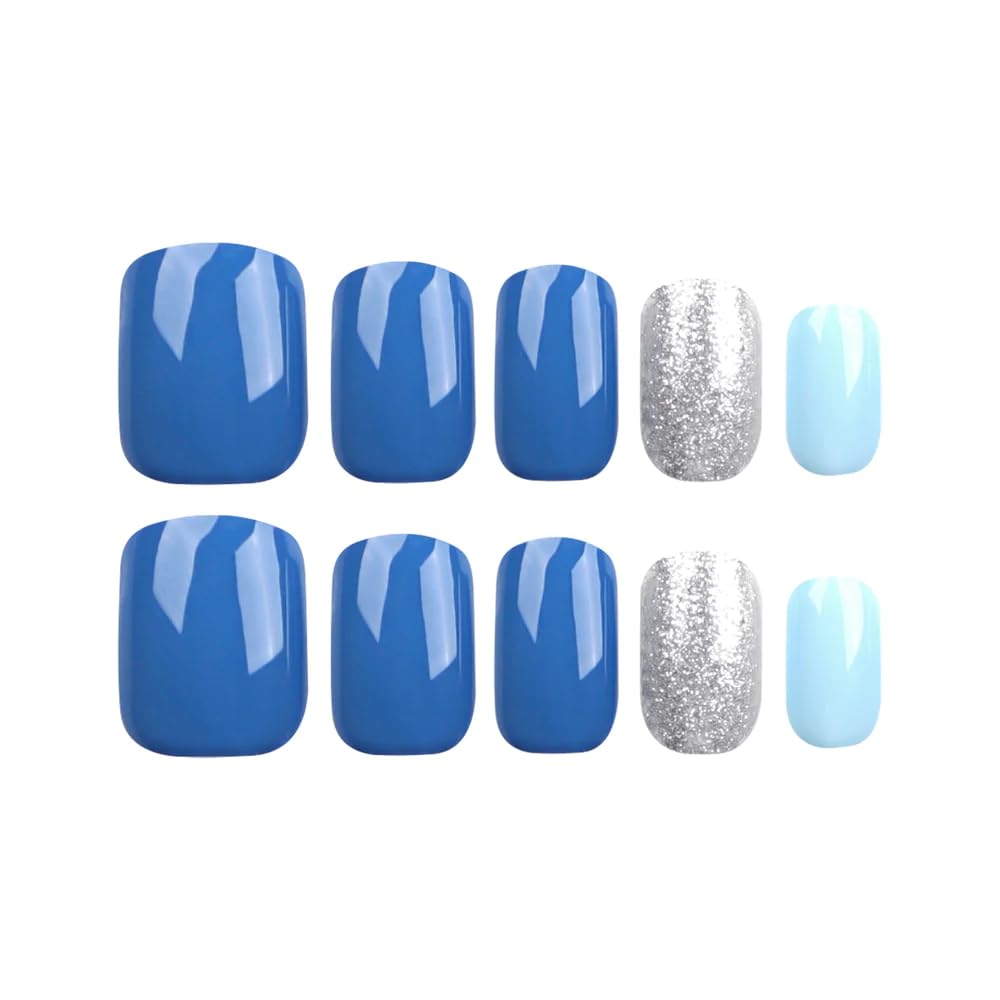 CurvLife Soft Gel Press-On Nails 30pcs – Full Cover French Tip Nail Kit with Glue, Tabs & File (Ocean Blue)