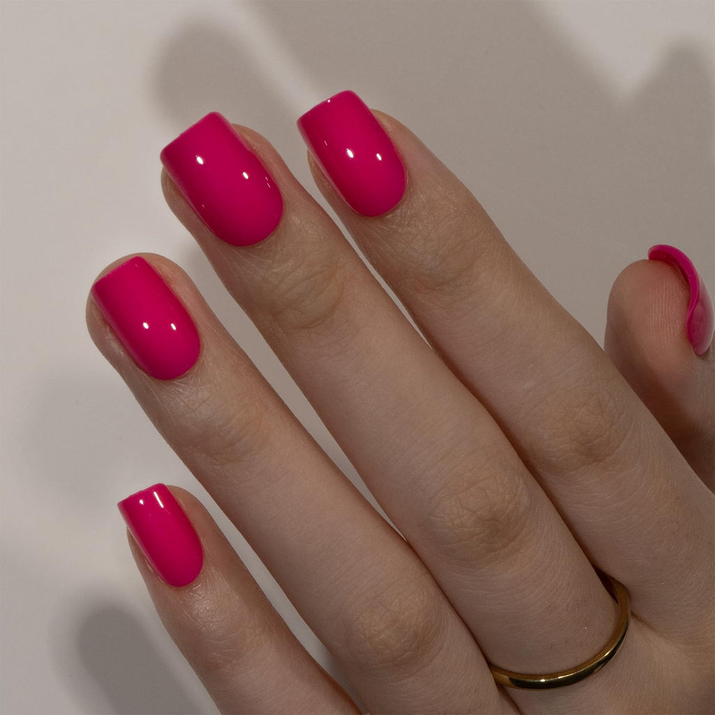 Curvlife Soft Gel Press-On Nails – Bright Pink Full Cover Kit with Glue & Tabs