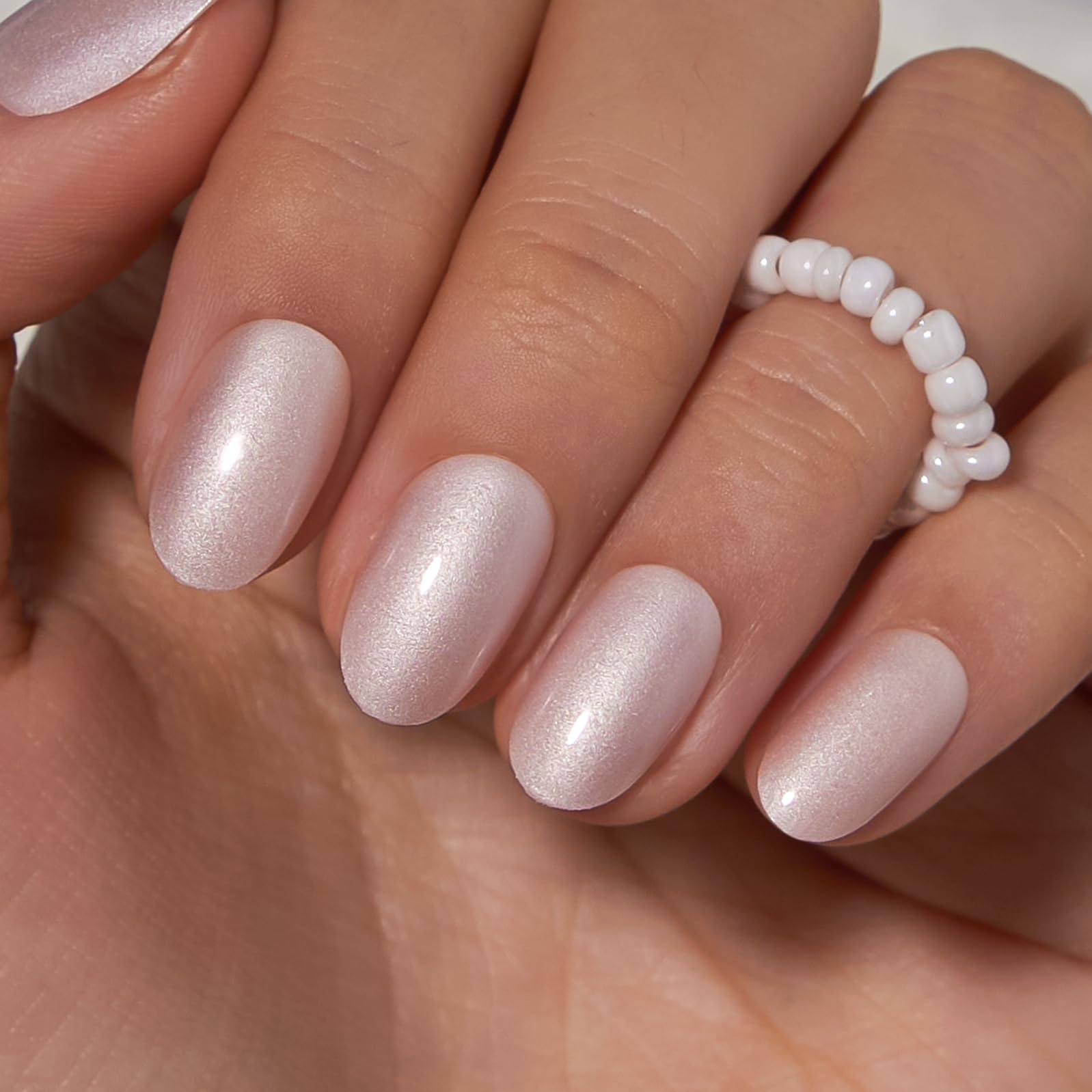 Curvlife Short Oval Press On Nails – Moonlight Pearly Shimmer Gel Finish, 30-Piece Nail Kit