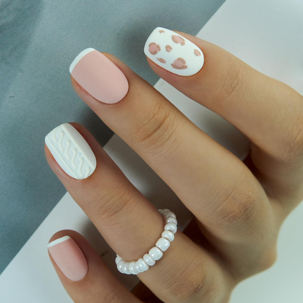 CurvLife Press On Nails – 30Pcs Soft Gel Kit with Glue Tabs & Adhesive, Cozy Knit Leopard Pink