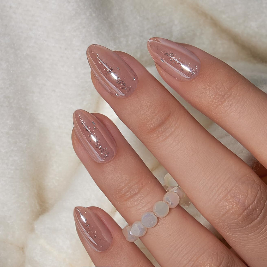 Curvlife Press On Nails – Medium Almond Nude Galaxy Cat Eye with Glue | Long-Lasting False Nails