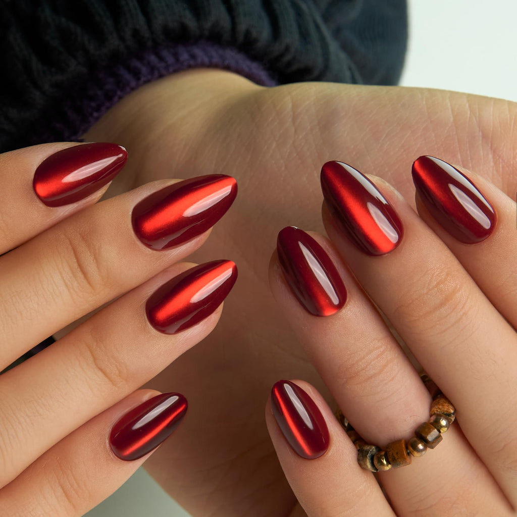 Curvlife Soft Gel Almond Press On Nails – Reusable Cat Eye Red Strip, Natural Fit Medium, Salon-Quality UV Finish