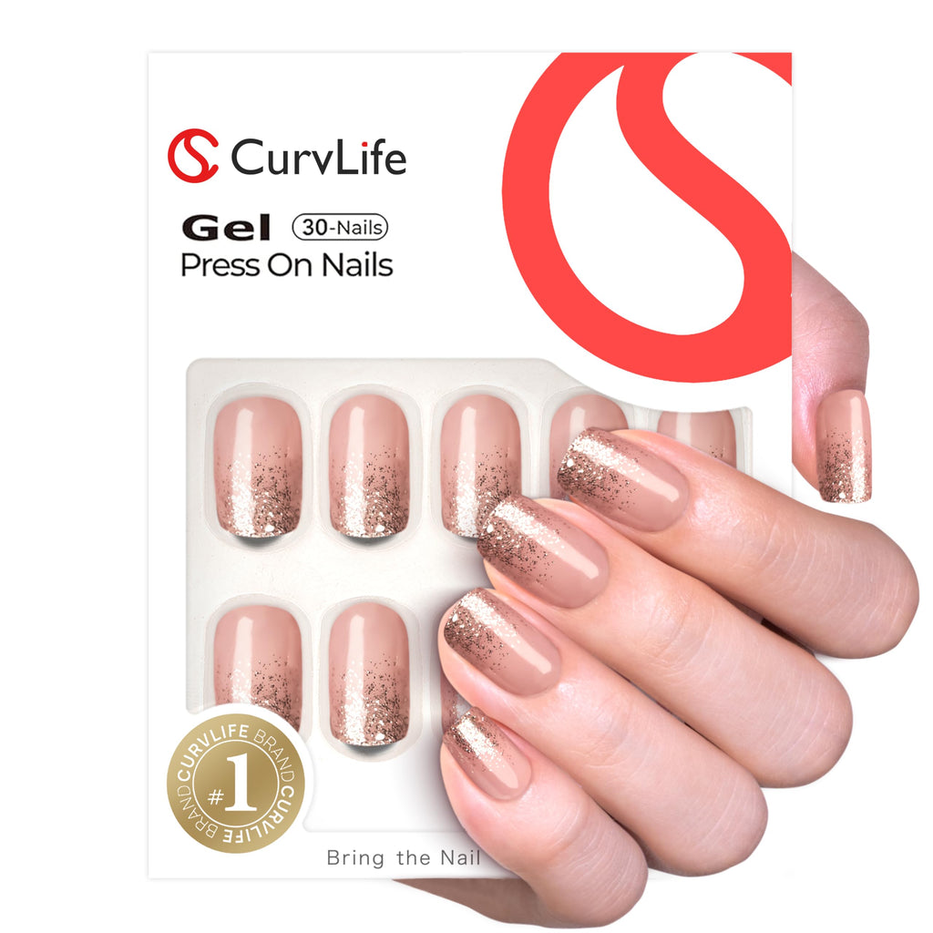 CurvLife Press on Nails – 30pc Fluid Gold Short Square Gel Nails Kit