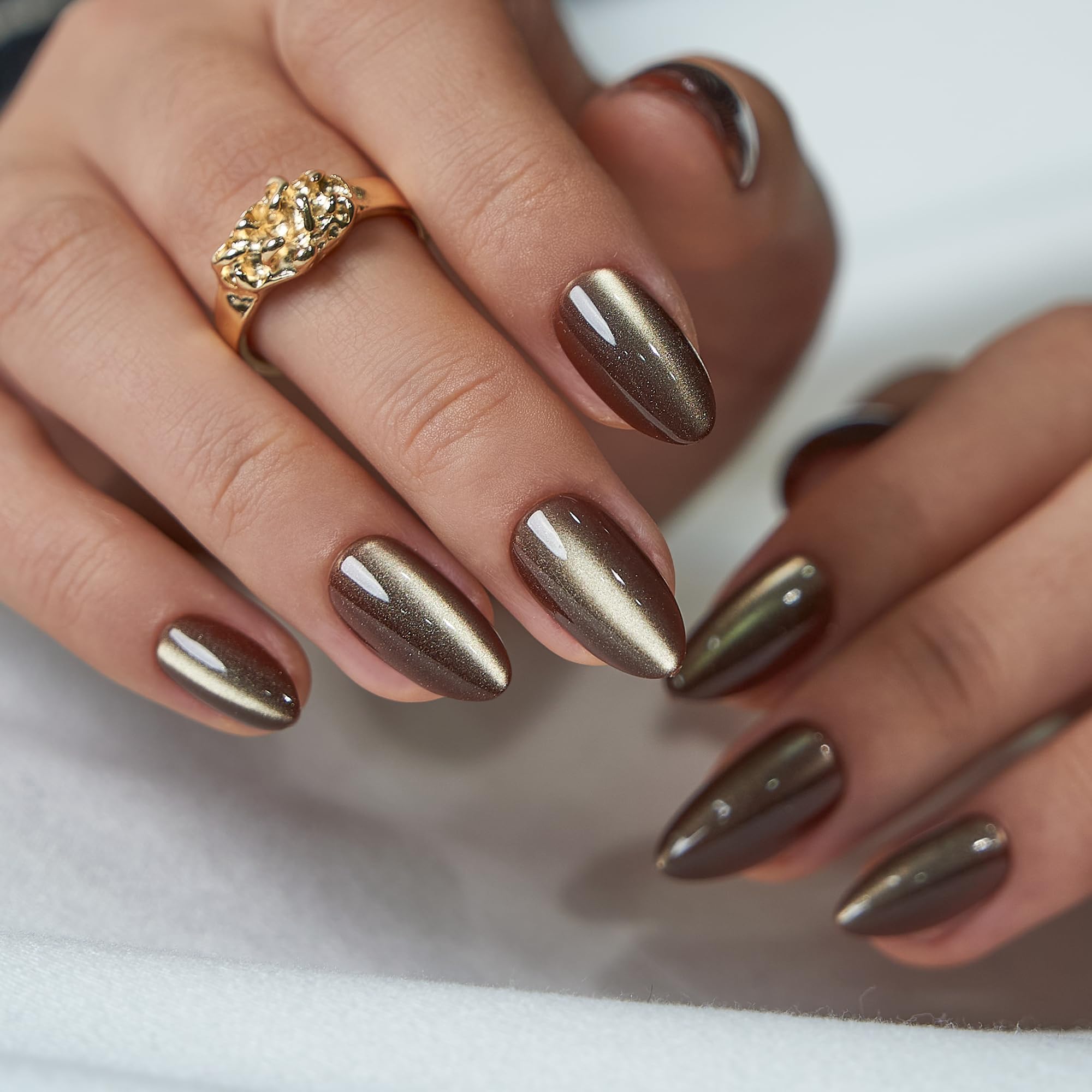 CurvLife Press On Nails Medium Almond – Bronze MoCa Cat Eye Gel Nails with Adhesive Tabs