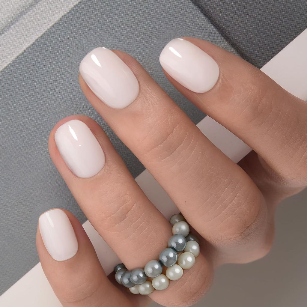 CurvLife Milky White Short Square Press-On Nails with Apricot Design – 30 Pcs