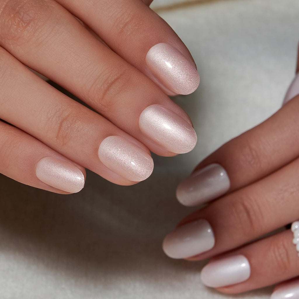 Curvlife Short Oval Press On Nails – Moonlight Pearly Shimmer Gel Finish, 30-Piece Nail Kit