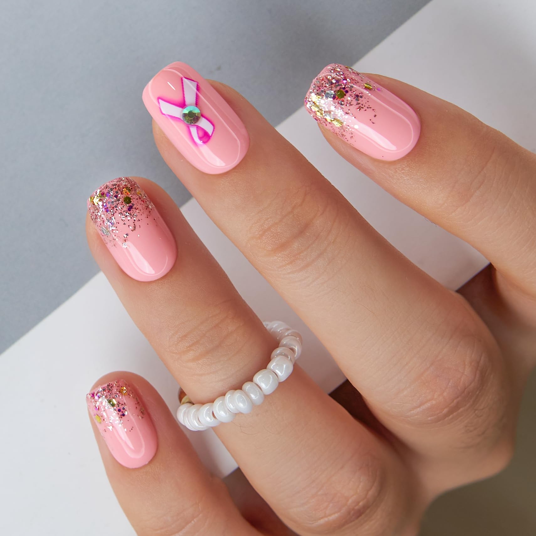 Curvlife Press On Nails Medium Square Pink – Breast Cancer Ribbon Gel Nail Kit
