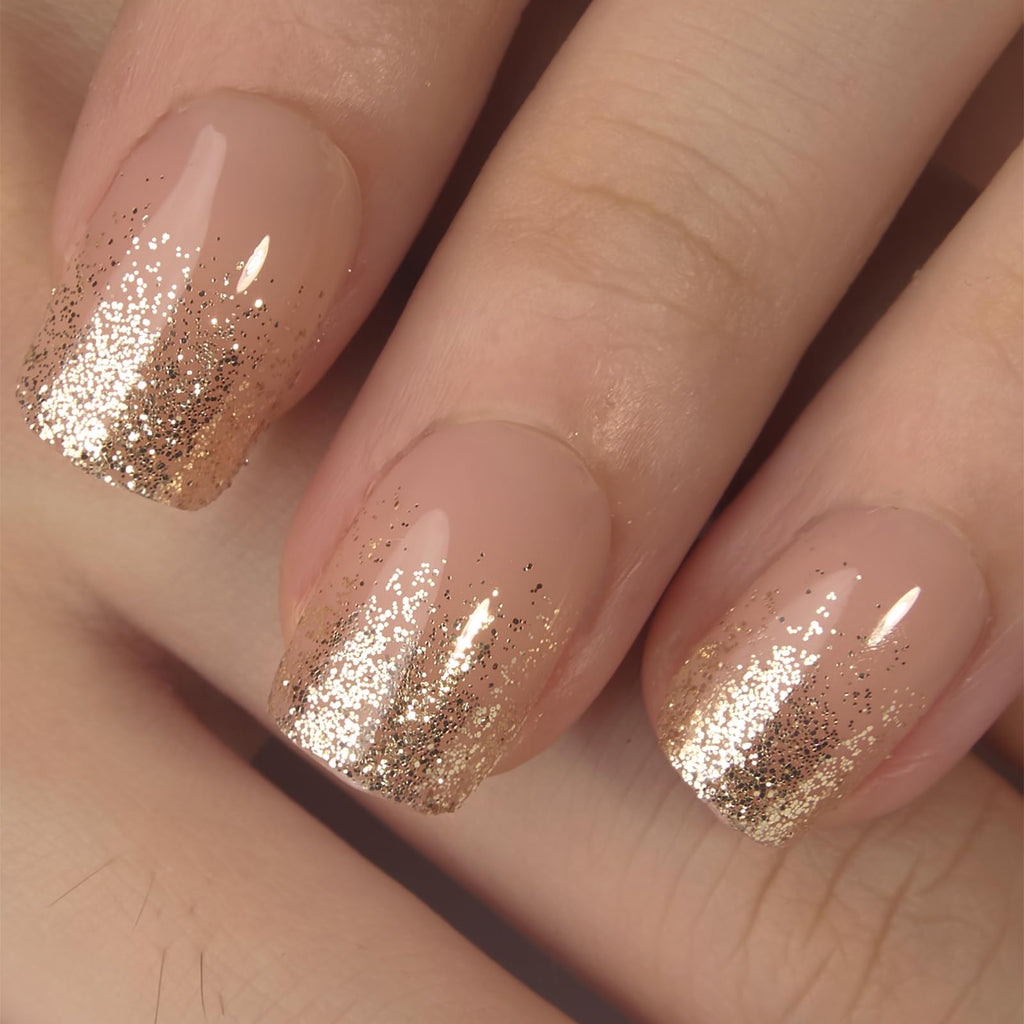 CurvLife Press on Nails – 30pc Fluid Gold Short Square Gel Nails Kit
