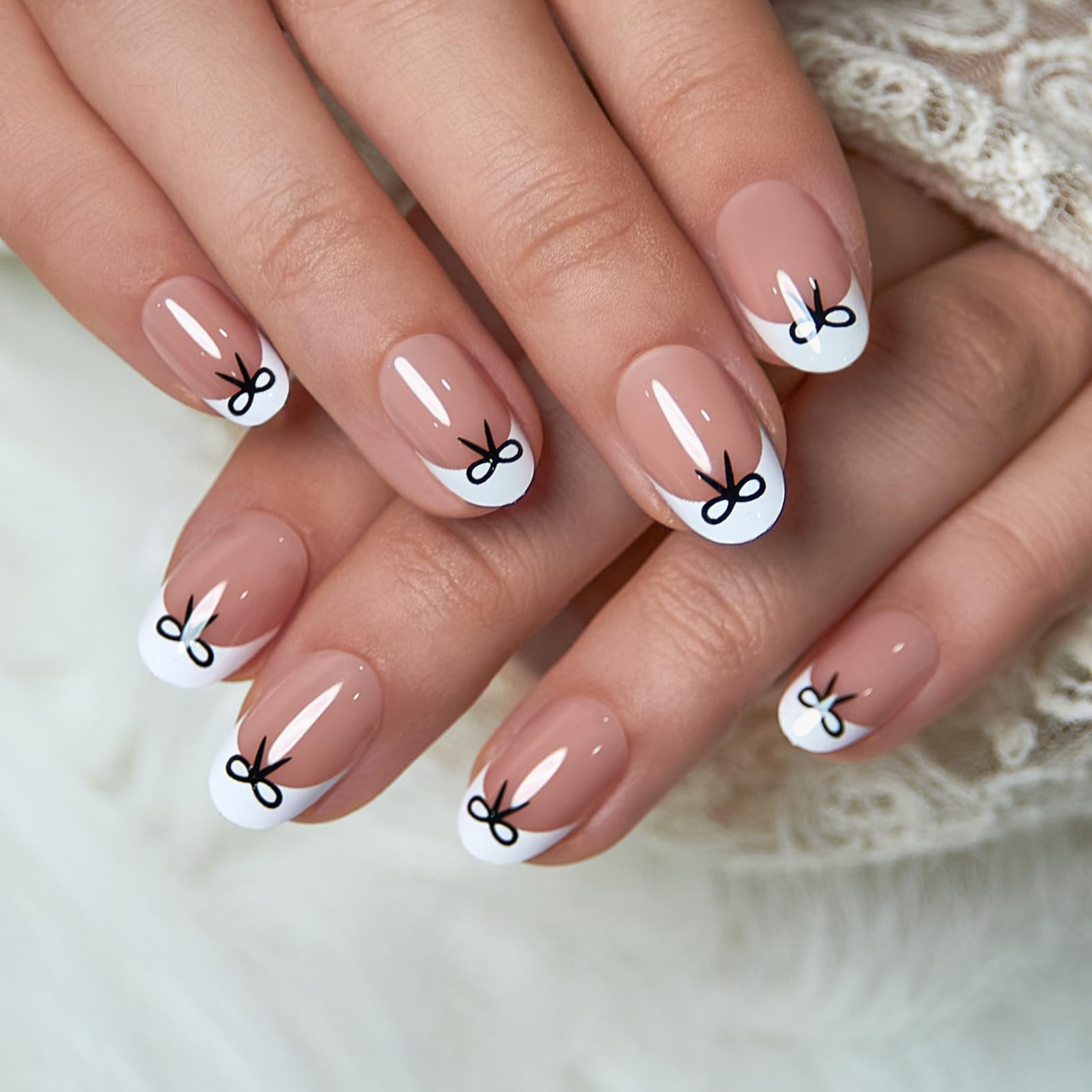 CurvLife Press On Nails Short Oval – Nude Pink French Tip with Bow (30-Piece Gel Nail Kit)