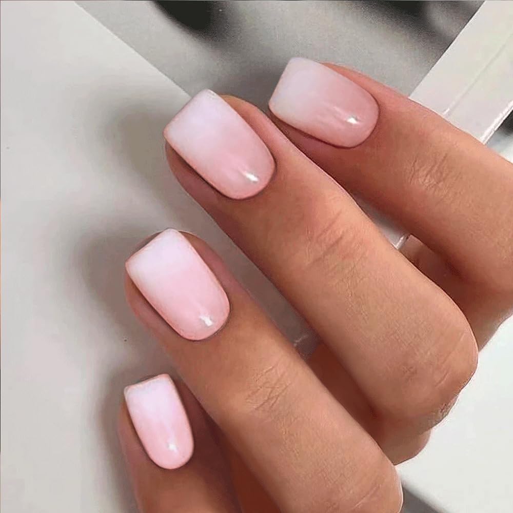 CurvLife Short Square Press-On Nails – Beige, White & Pink Apricot Design | Glossy Nude Full Cover Nails