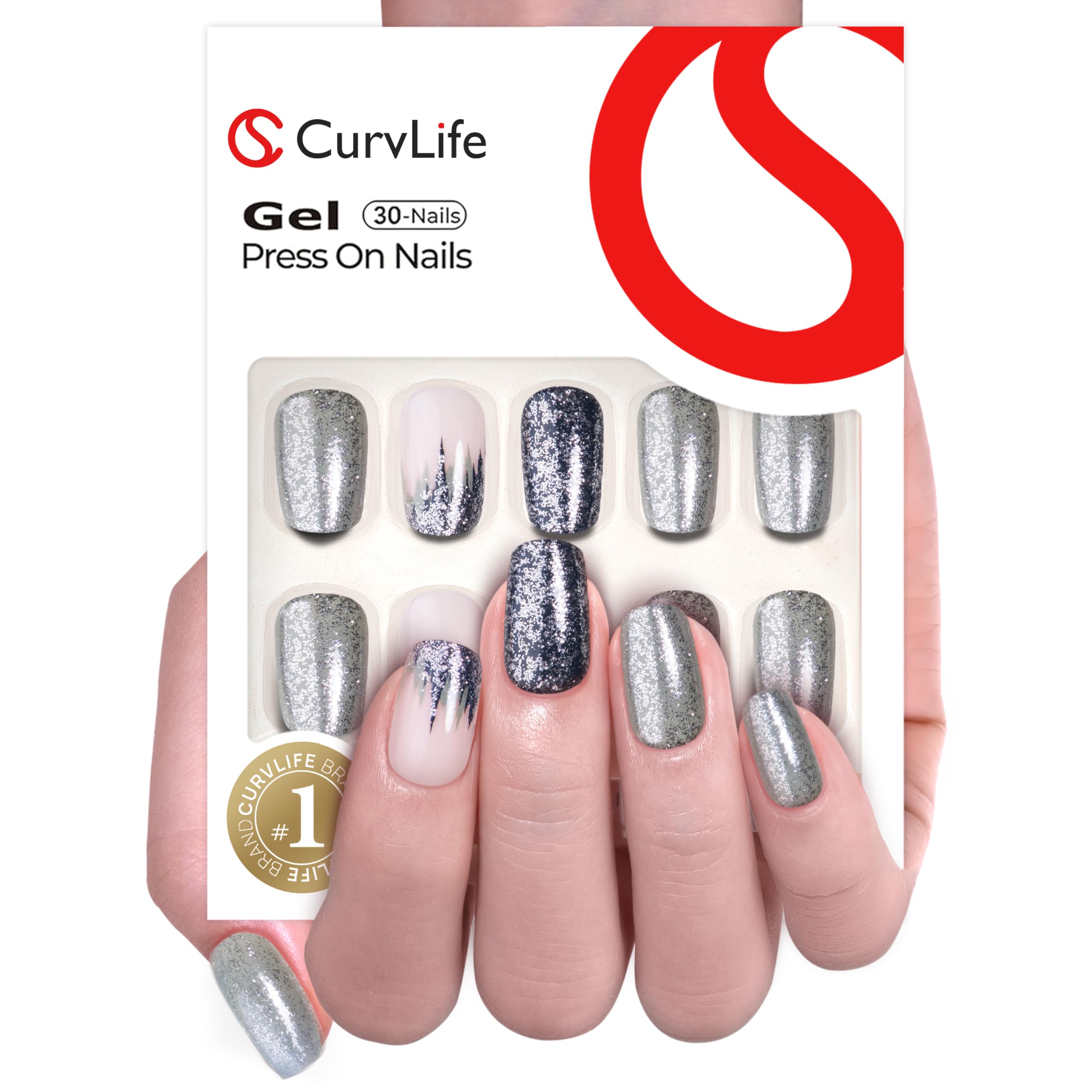 Curvlife Press-On Nails – Gel French Tip Full Cover Nail Kit in Cement Gray Gren, with Glue, Tabs & File | 30pcs