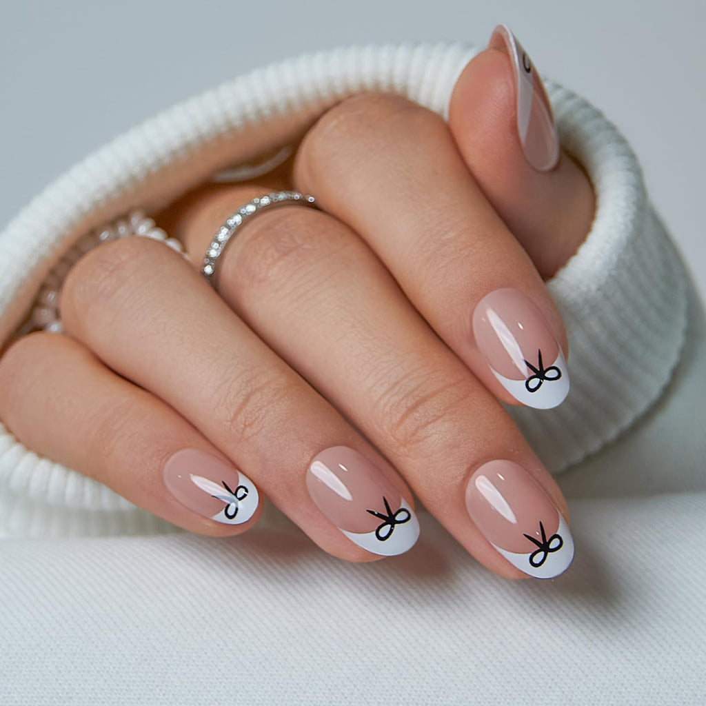 CurvLife Press On Nails Short Oval – Nude Pink French Tip with Bow (30-Piece Gel Nail Kit)