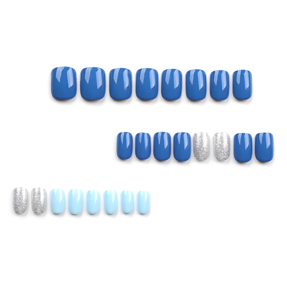 CurvLife Soft Gel Press-On Nails 30pcs – Full Cover French Tip Nail Kit with Glue, Tabs & File (Ocean Blue)