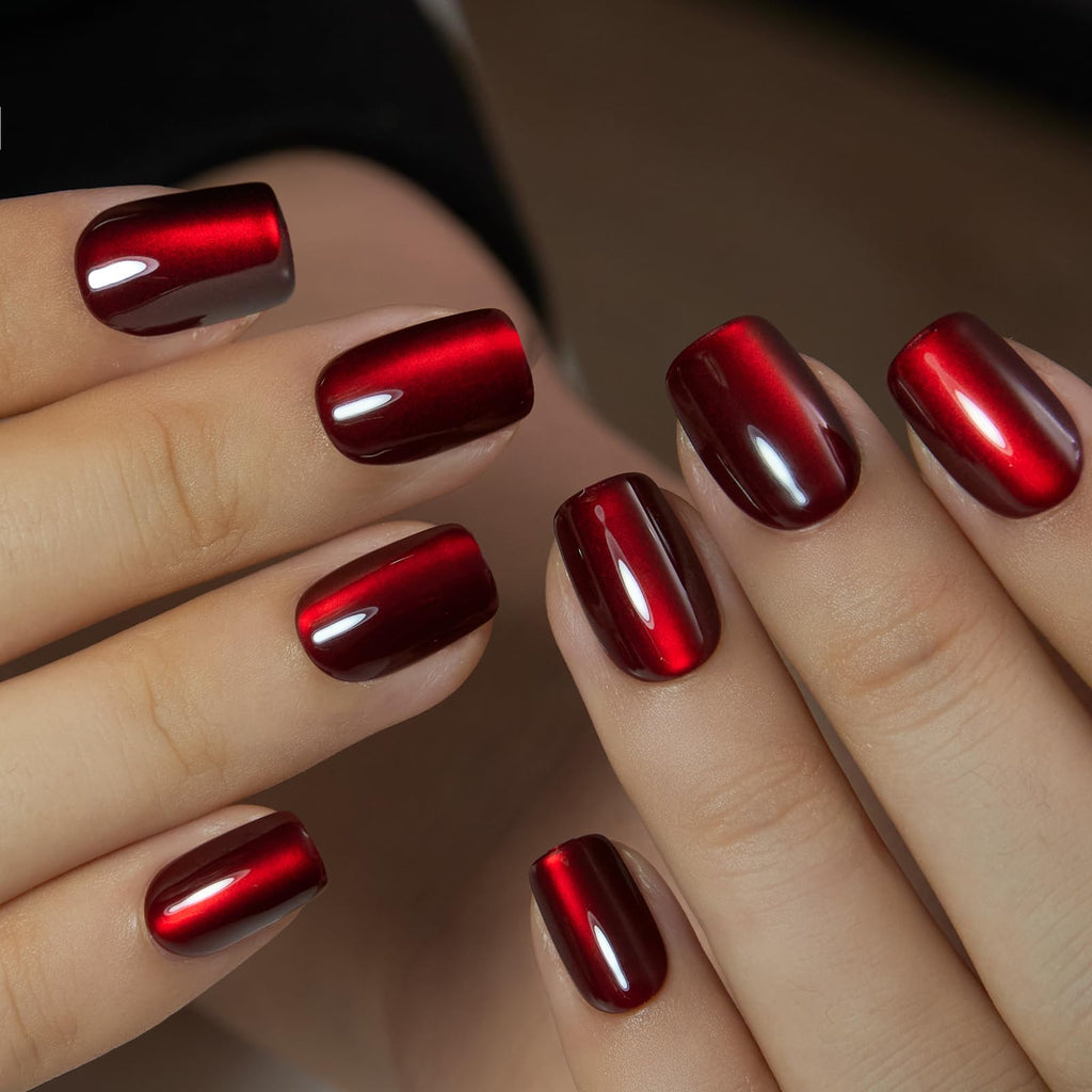 CurvLife Press-On Nails – Short Square Cat Eye Red Apricot Design, Full-Cover Glue-On Nails for Women