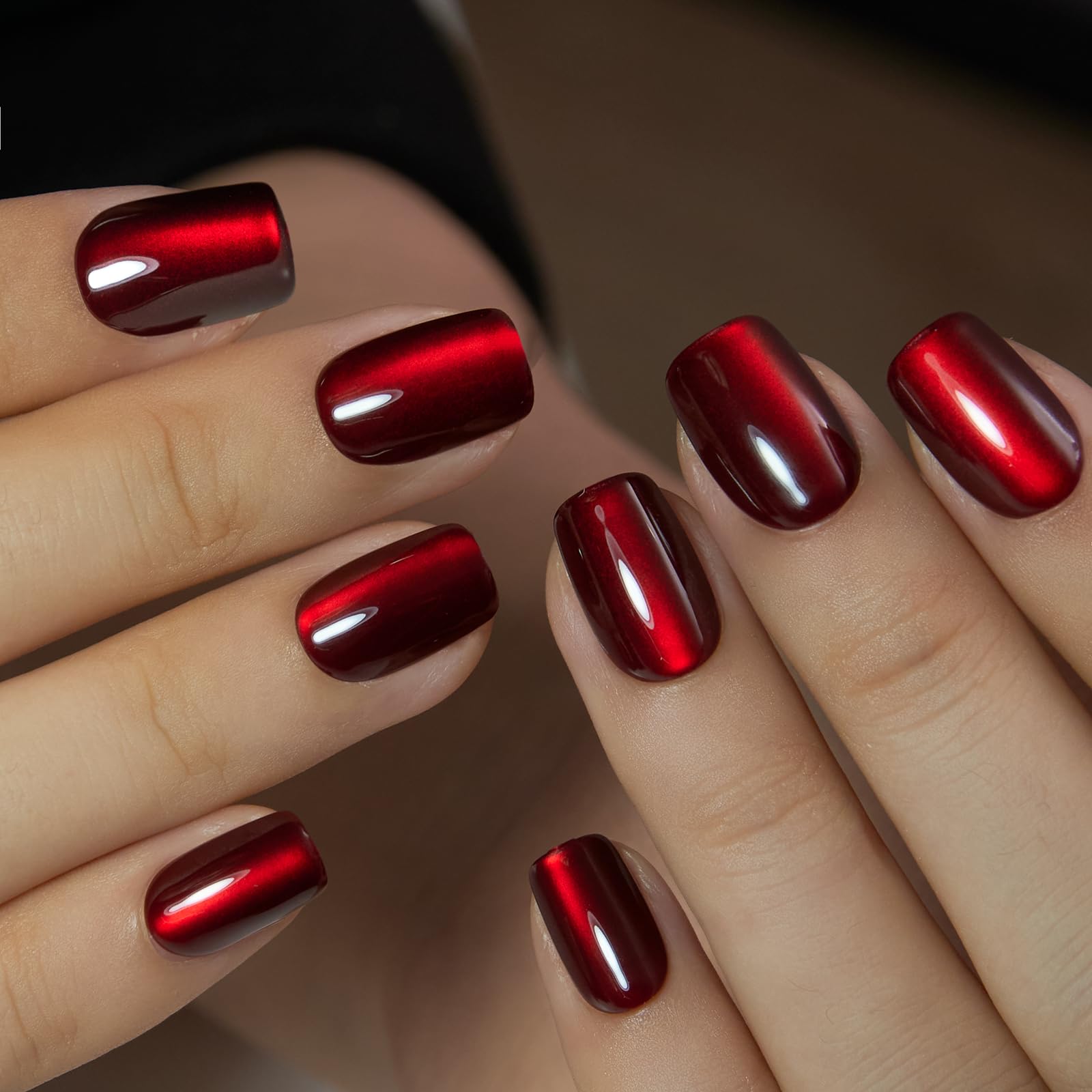 CurvLife Press-On Nails – Short Square Cat Eye Red Apricot Design, Full-Cover Glue-On Nails for Women