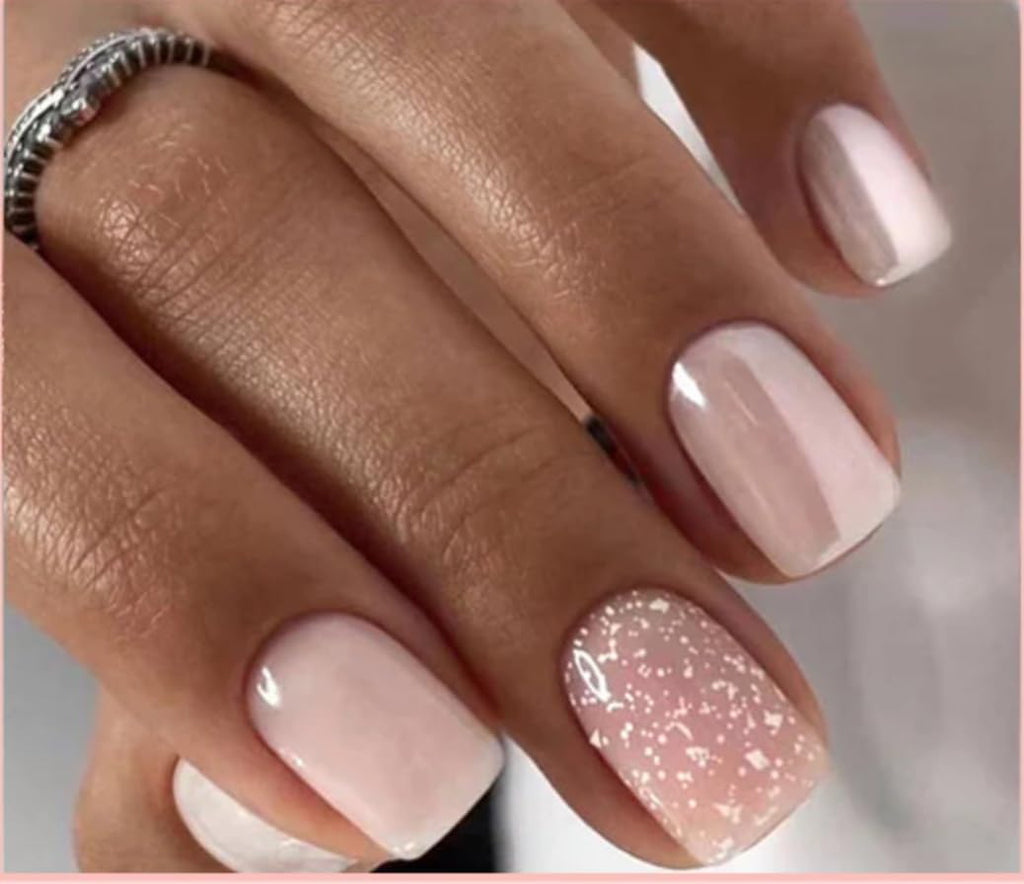 Curvlife Press On Nails Short Pink Snowflake Glitter – Quick 5-Min Gel Finish (Glue Included)