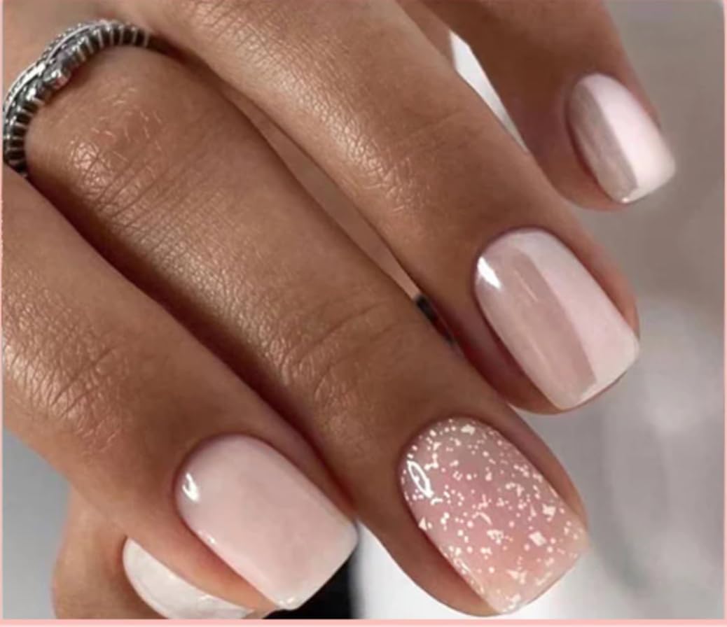 Curvlife Press On Nails Short Pink Snowflake Glitter – Quick 5-Min Gel Finish (Glue Included)
