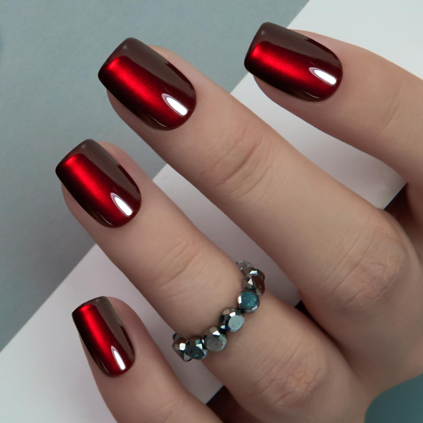 CurvLife Press-On Nails – Short Square Cat Eye Red Apricot Design, Full-Cover Glue-On Nails for Women