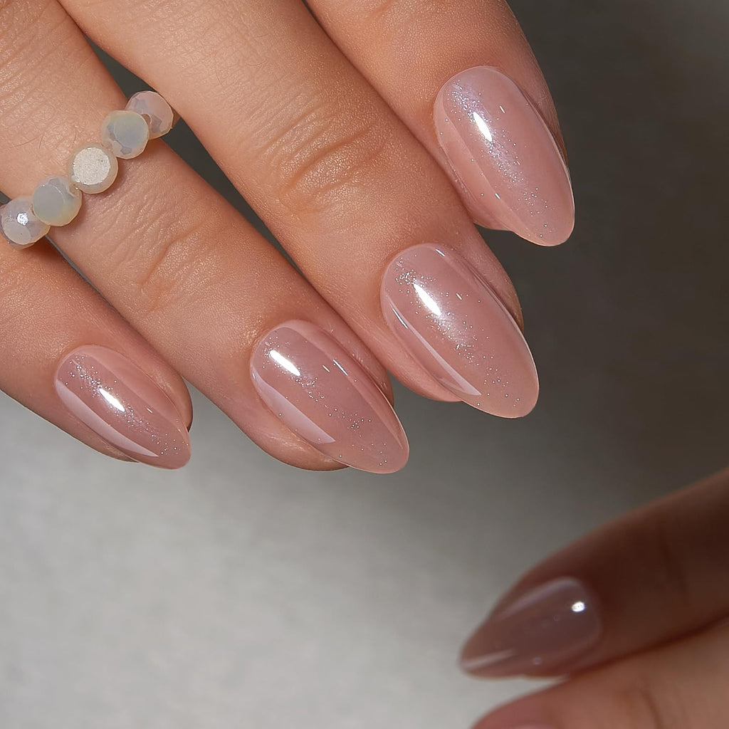 Curvlife Press On Nails – Medium Almond Nude Galaxy Cat Eye with Glue | Long-Lasting False Nails