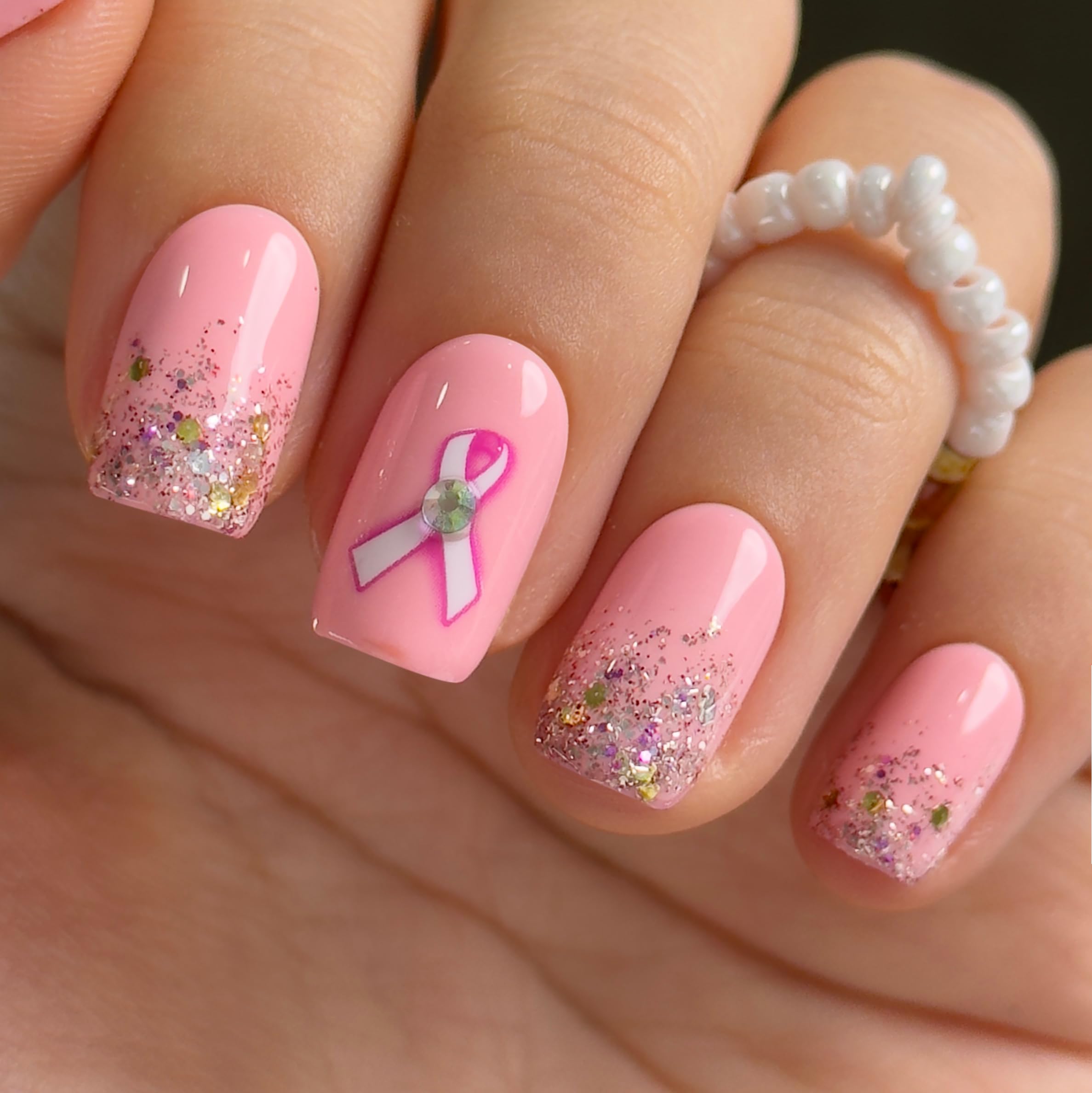 Curvlife Press On Nails Medium Square Pink – Breast Cancer Ribbon Gel Nail Kit