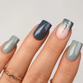 Curvlife Press-On Nails – Gel French Tip Full Cover Nail Kit in Cement Gray Gren, with Glue, Tabs & File | 30pcs