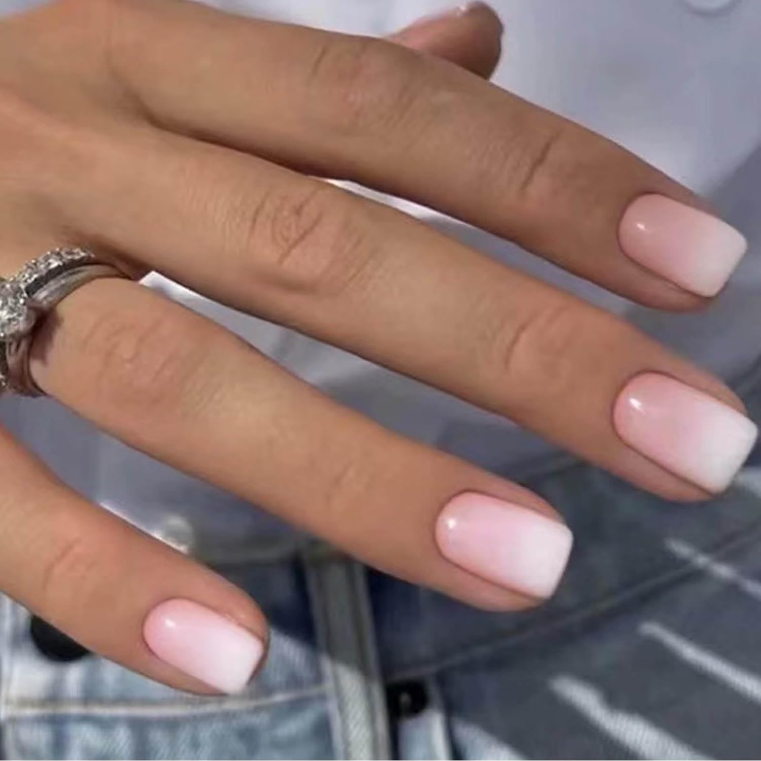 CurvLife Short Square Press-On Nails – Beige, White & Pink Apricot Design | Glossy Nude Full Cover Nails