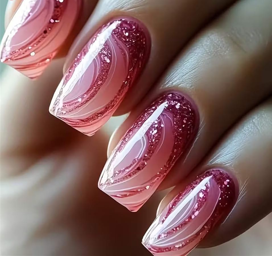 CurvLife Press On Nails – Soft Gel, Salon-Quality False Nails (Pink Glitter Lines, Medium)