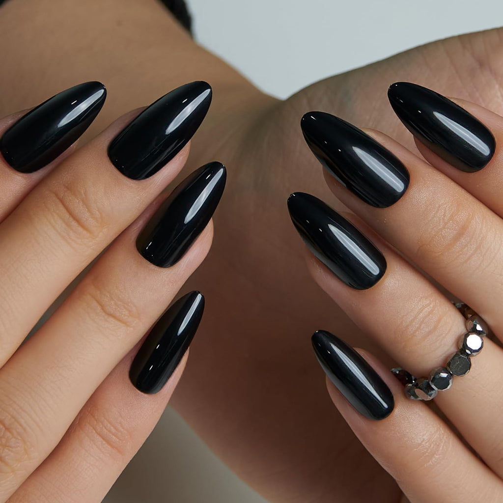 CurvLife Black Press On Nails Long Almond | Soft Gel, Salon-Quality False Nails