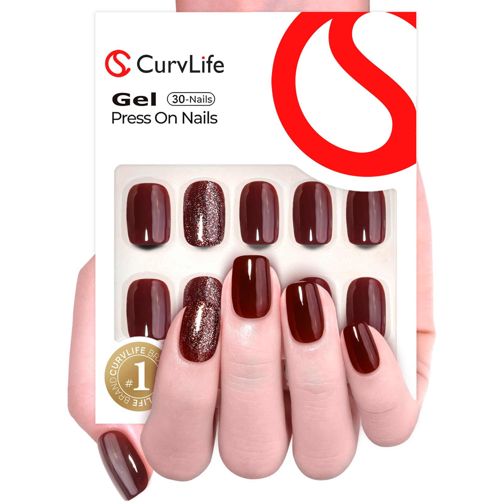 Curvlife 30pcs Press-On Nails – Short Square Wine Red Glitter Apricot Design