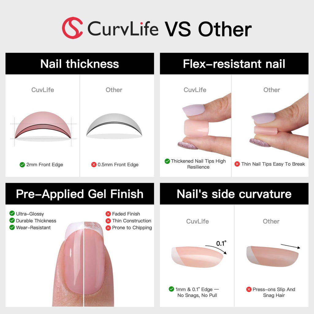 Curvlife Press On Nails Short Pink Snowflake Glitter – Quick 5-Min Gel Finish (Glue Included)