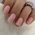 Curvlife Press On Nails Short Pink Snowflake Glitter – Quick 5-Min Gel Finish (Glue Included)