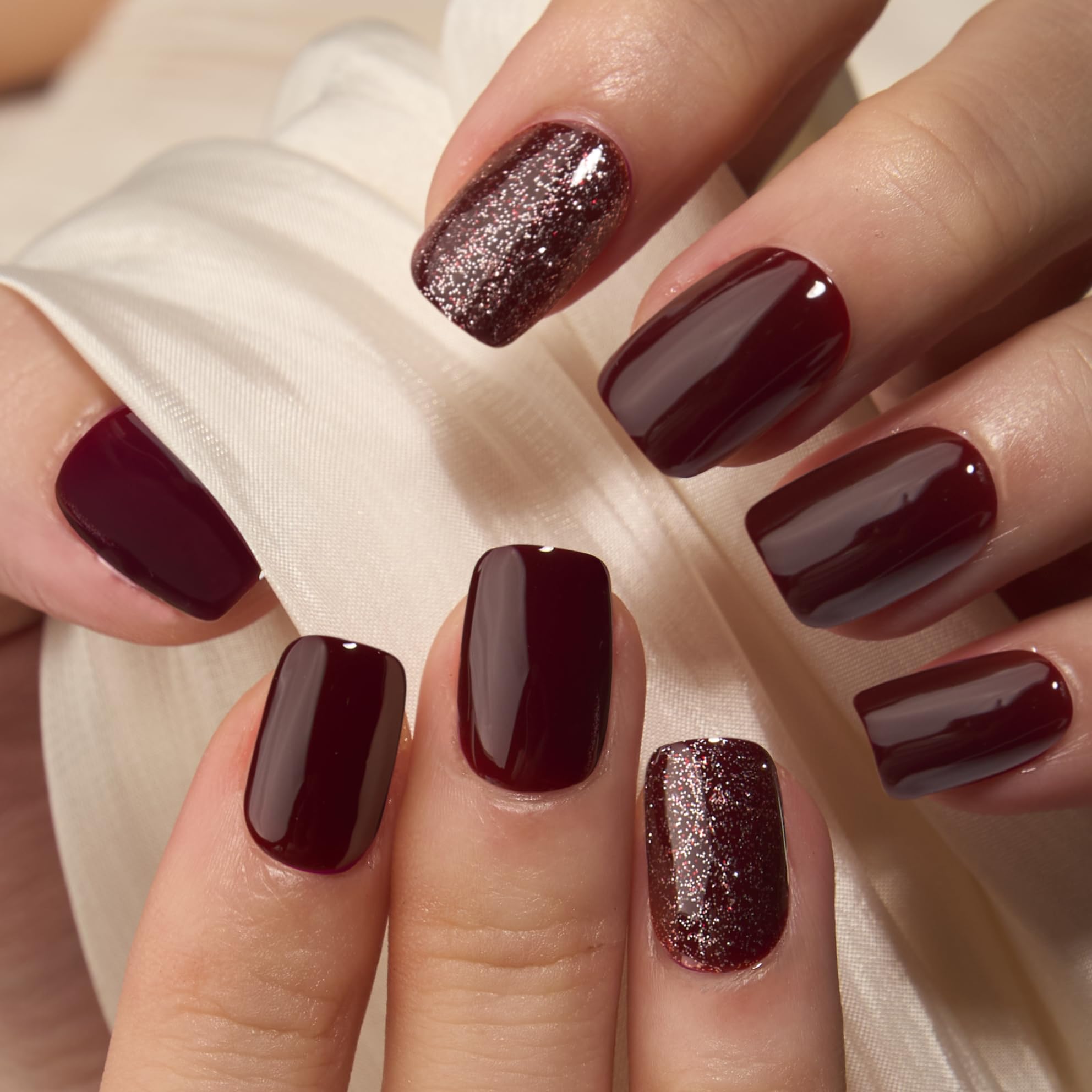 Curvlife 30pcs Press-On Nails – Short Square Wine Red Glitter Apricot Design