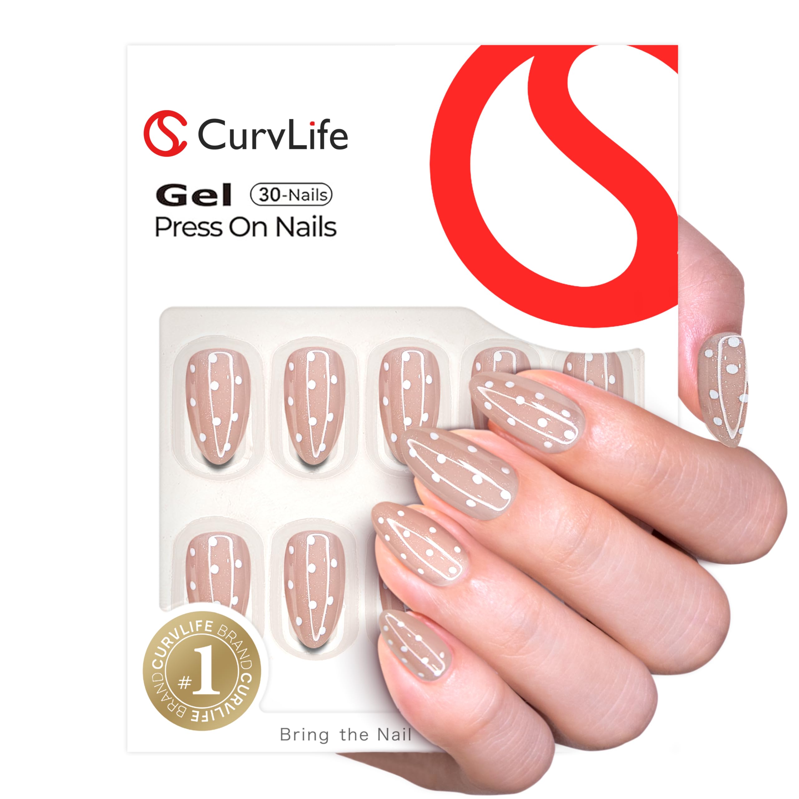 CurvLife Almond Press On Nails Medium – 30 Pcs Soft Gel Nails with Glue Tabs, Natural Fit & Salon-Quality