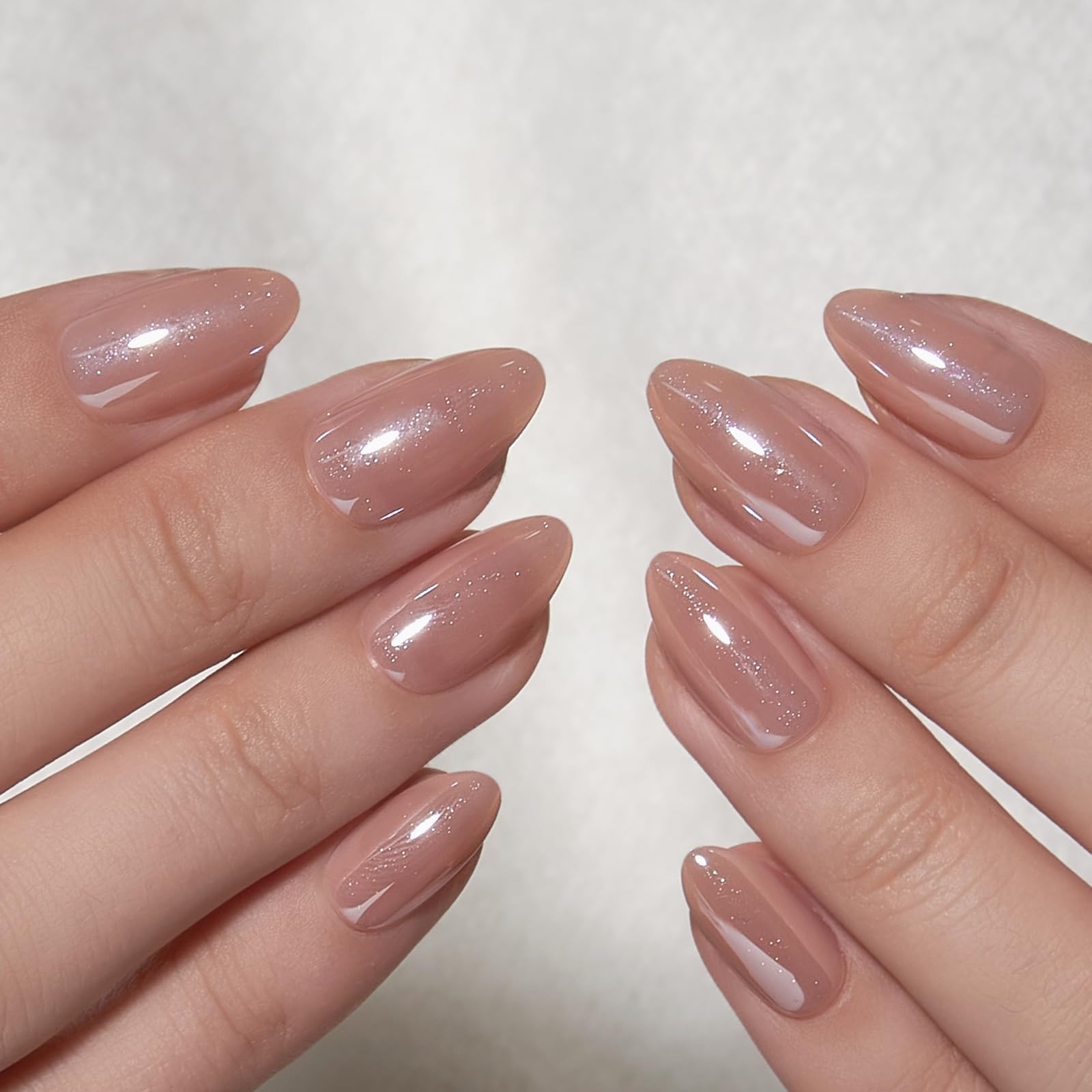 Curvlife Press On Nails – Medium Almond Nude Galaxy Cat Eye with Glue | Long-Lasting False Nails